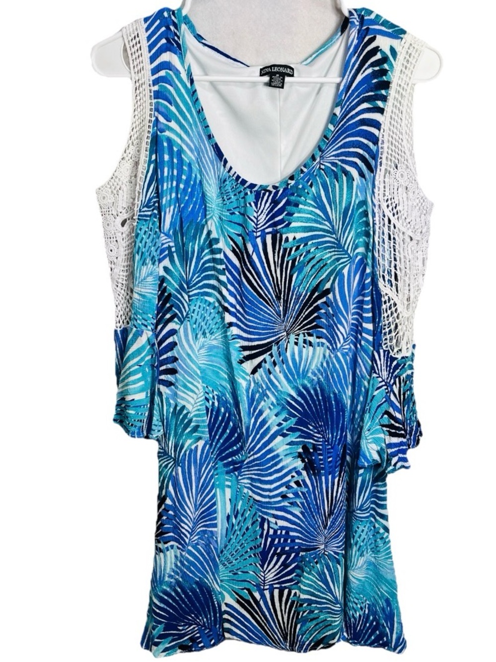 Nina Leonard blue palm cold-shoulder dress Medium